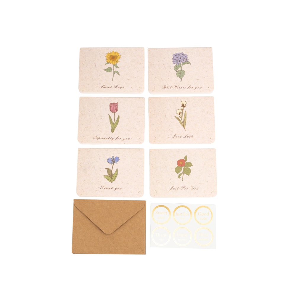 Set 6 felicitări diferite model floral cu text și sticker - bej 4 - craftup.ro
