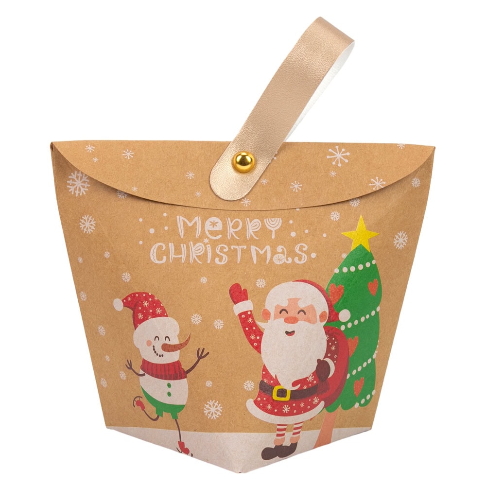 Set 6 pungi trapez modele diferite de Crăciun cu mâner textil - kraft 1 - craftup.ro