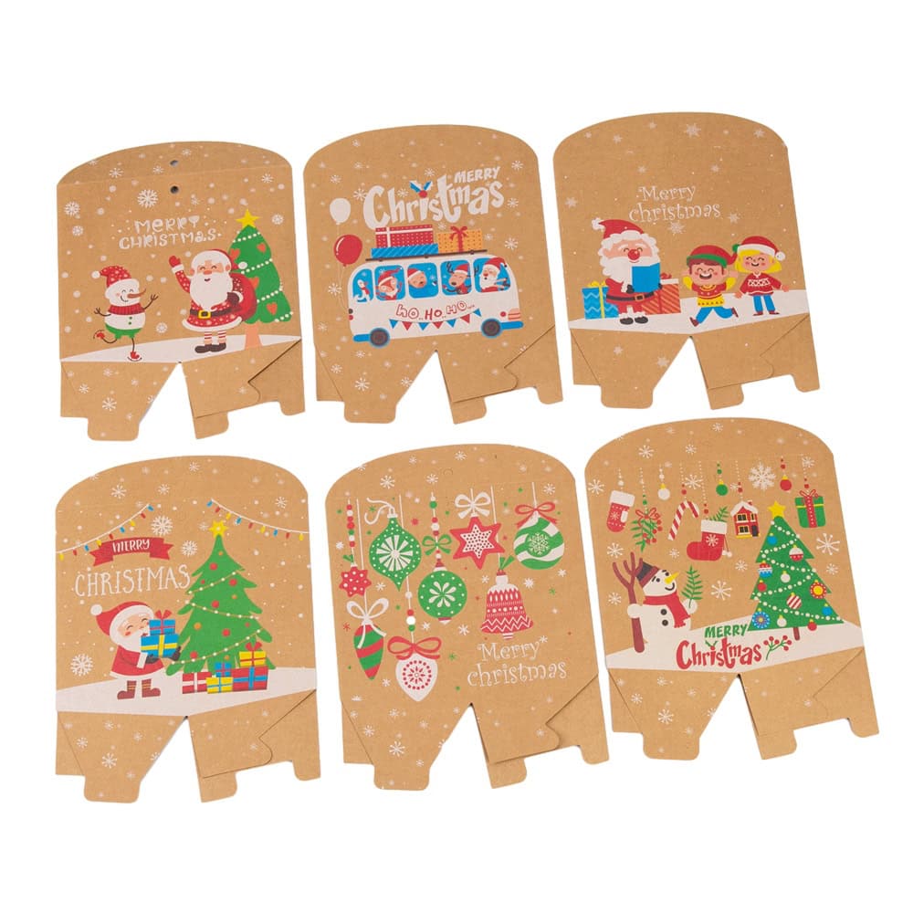 Set 6 pungi trapez modele diferite de Crăciun cu mâner textil - kraft