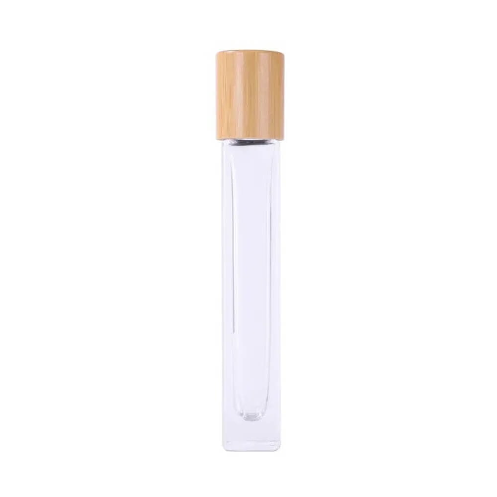 Sticluță pătrată transparentă cu roll-on metalic și capac bambus 1 - craftup.ro