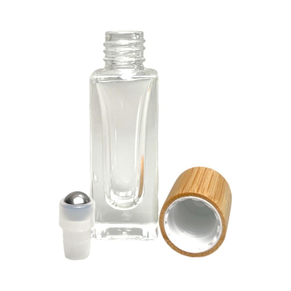 Sticluță pătrată transparentă cu roll-on metalic și capac bambus 3 - craftup.ro
