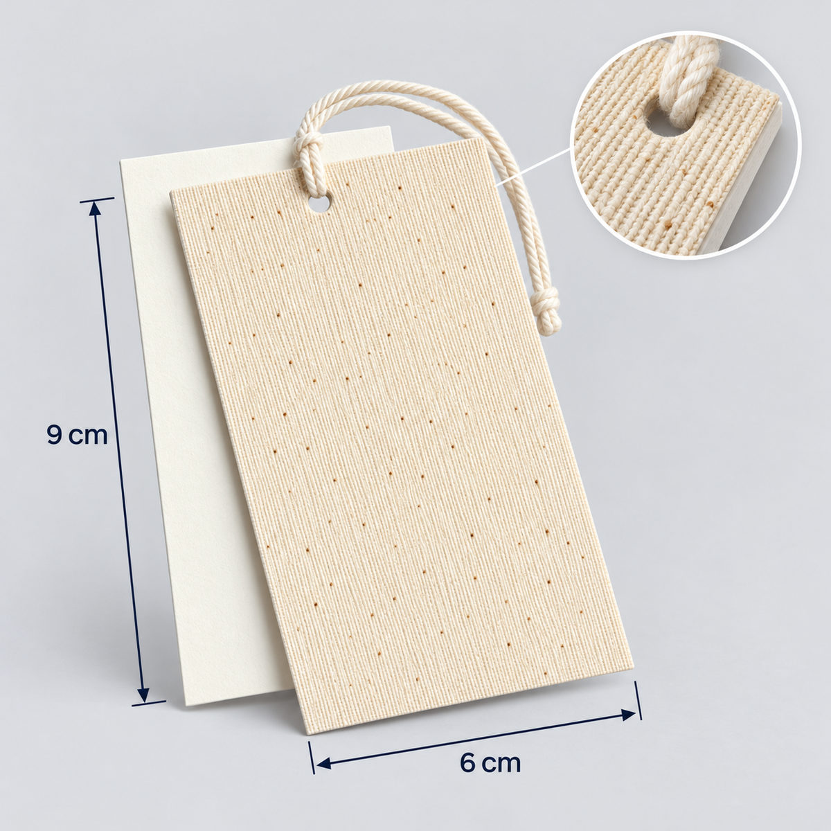 Etichete din carton cu față din pânză și șnur de bumbac - crem (set 100 buc), dimensiuni - CraftUp