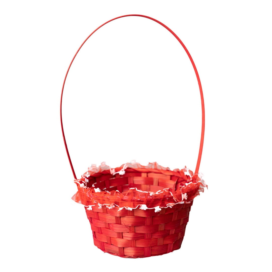 Coșuleț mediu ratan rotund cu mâner și dantelă 18x10cm - roșu