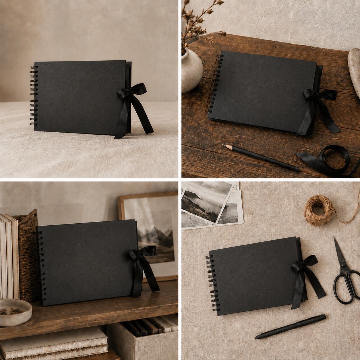Album foto dreptunghiular cu spirală și panglică satin - Negru - CraftUp