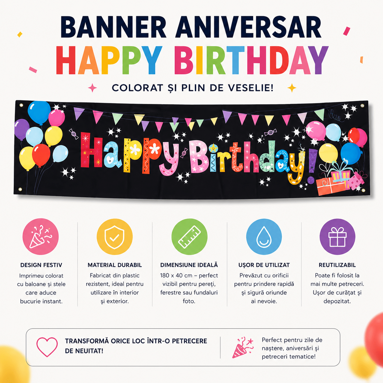 Banner aniversar cu imprimeu Happy Birthday colorat și baloane - CraftUp