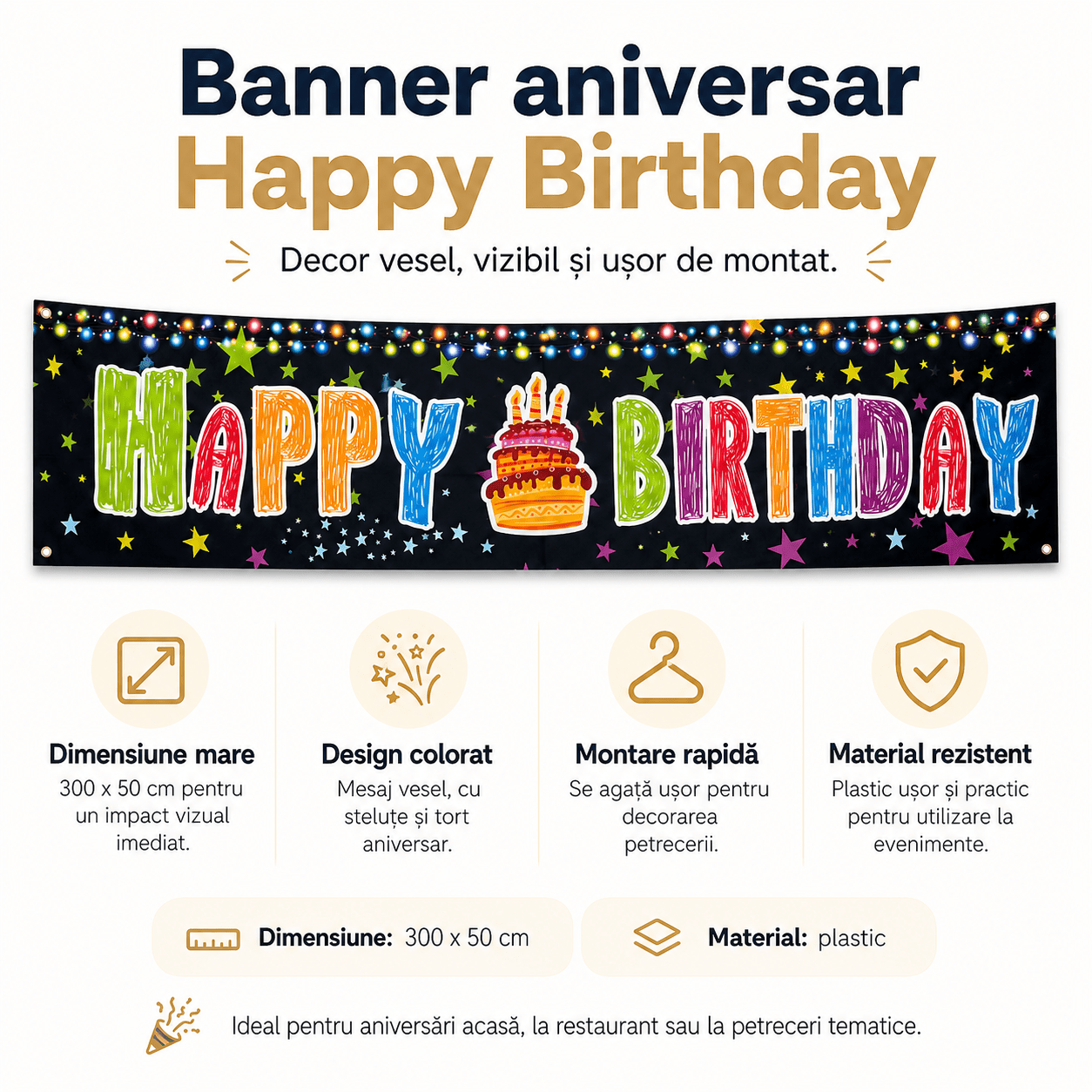 Banner aniversar cu imprimeu Happy Birthday colorat și steluțe - CraftUp