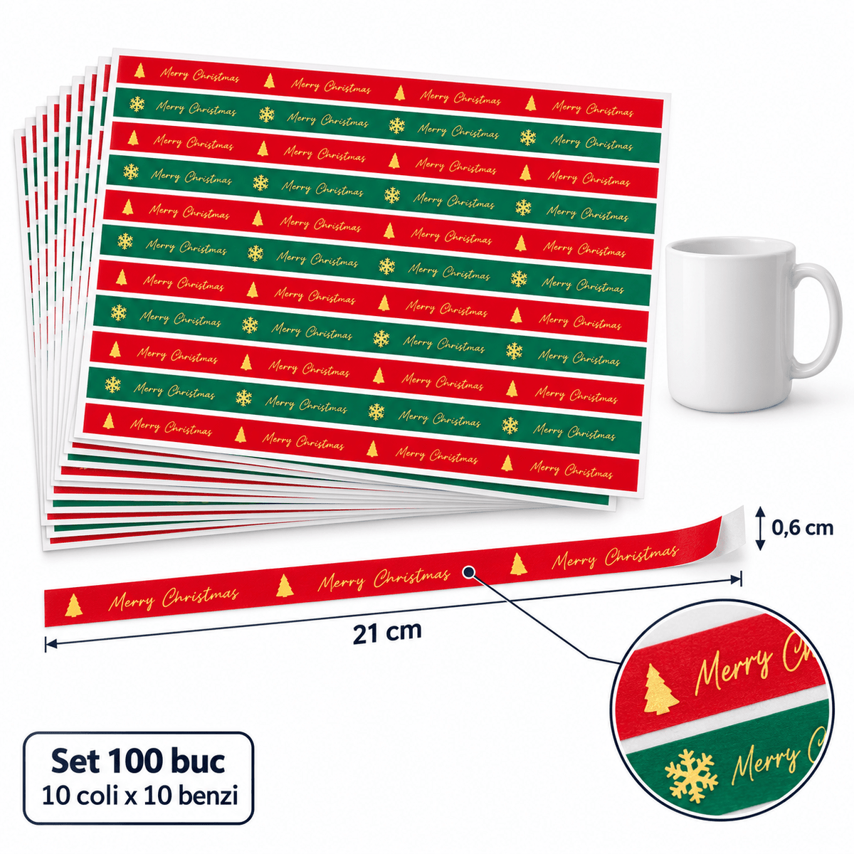 Benzi stickere de sigilare cadou de Crăciun - roșu și verde (set 100 buc) - CraftUp
