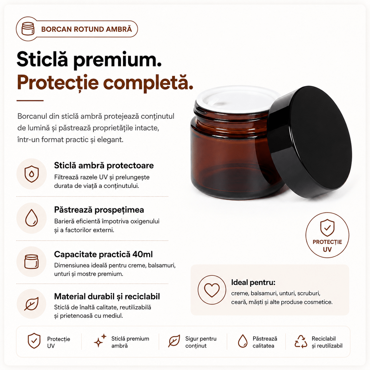 Borcan rotund ambră cu capac negru 40ml - CraftUp