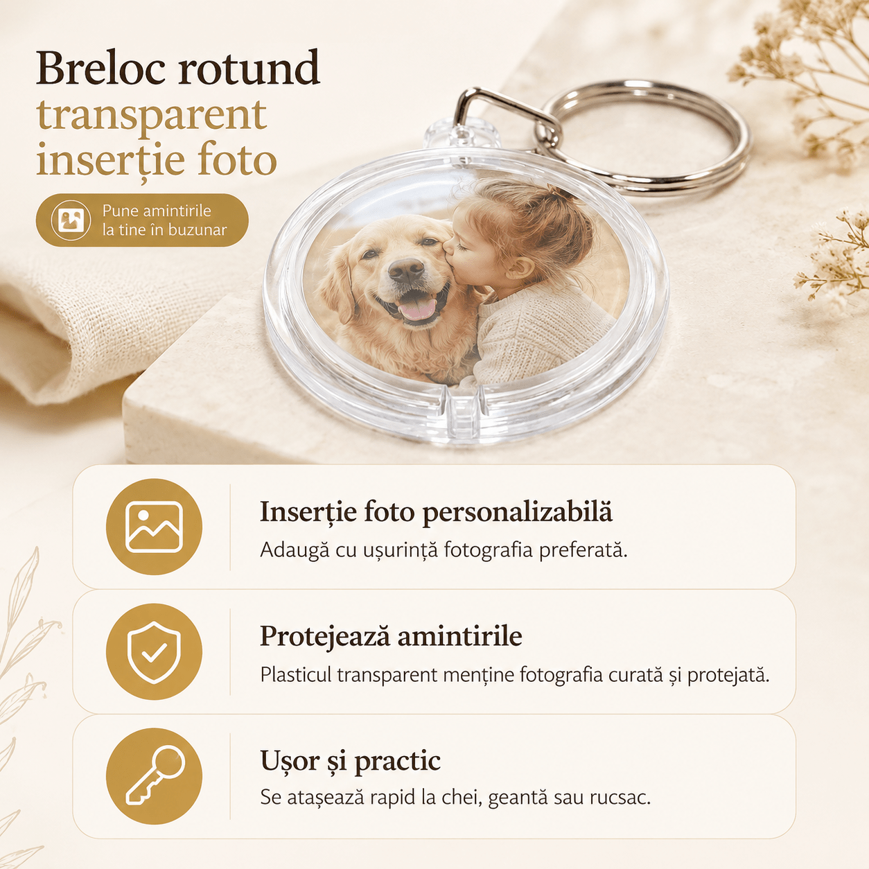 Breloc rotund transparent inserție foto 4,7cm - CraftUp