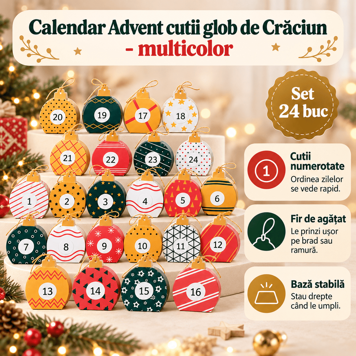 Calendar Advent cutii glob de Crăciun - multicolor (set 24 buc) - CraftUp