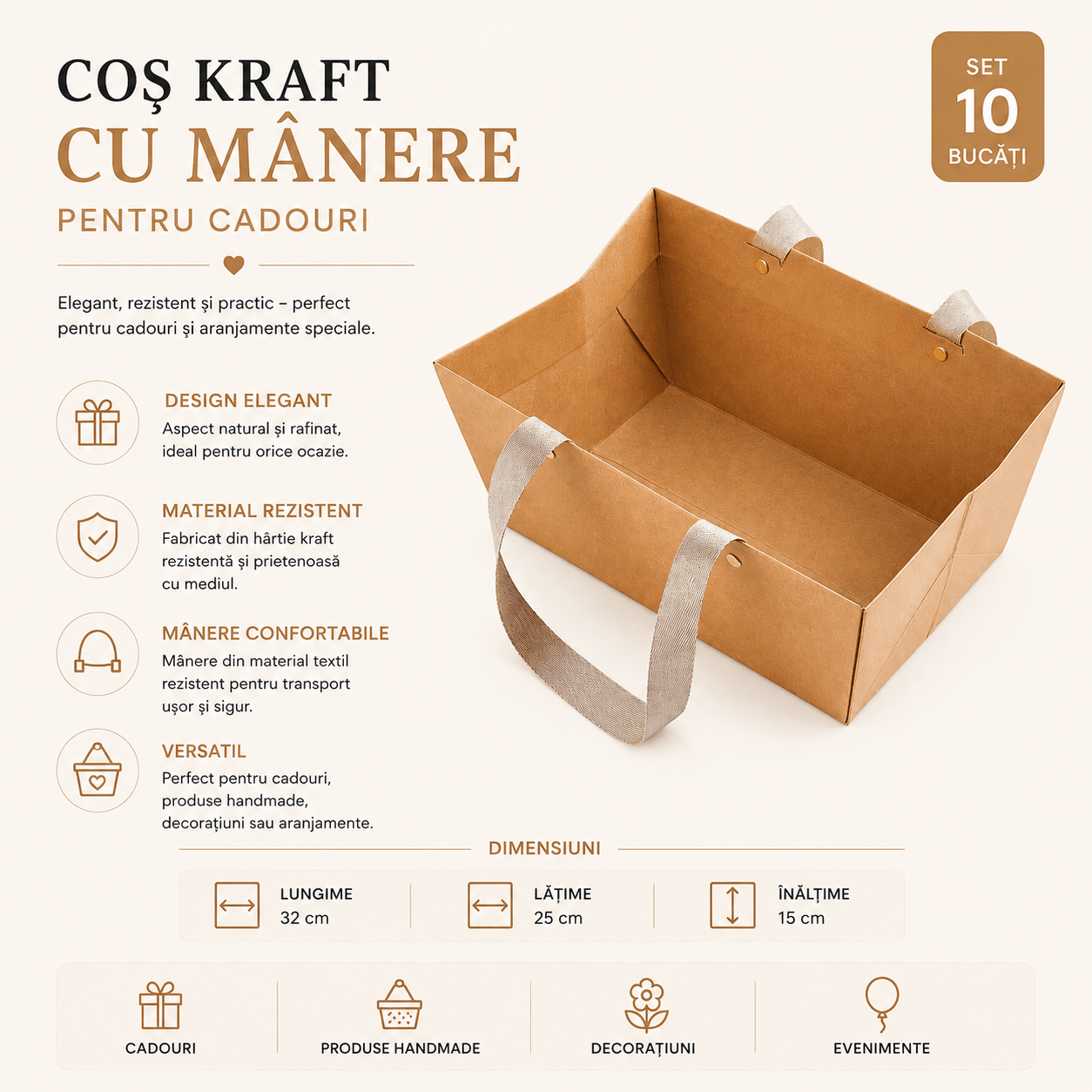 Coș kraft cu mânere pentru cadouri - maro (set 10 buc) - CraftUp