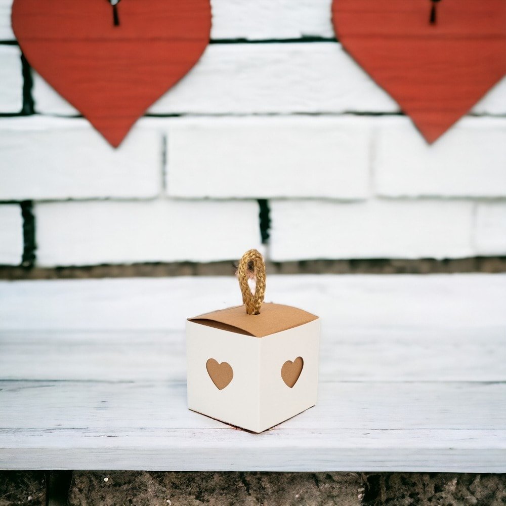 Cutie 2 culori cu sfoară model inimă - alb și interior maro (set 50 buc) - CraftUp