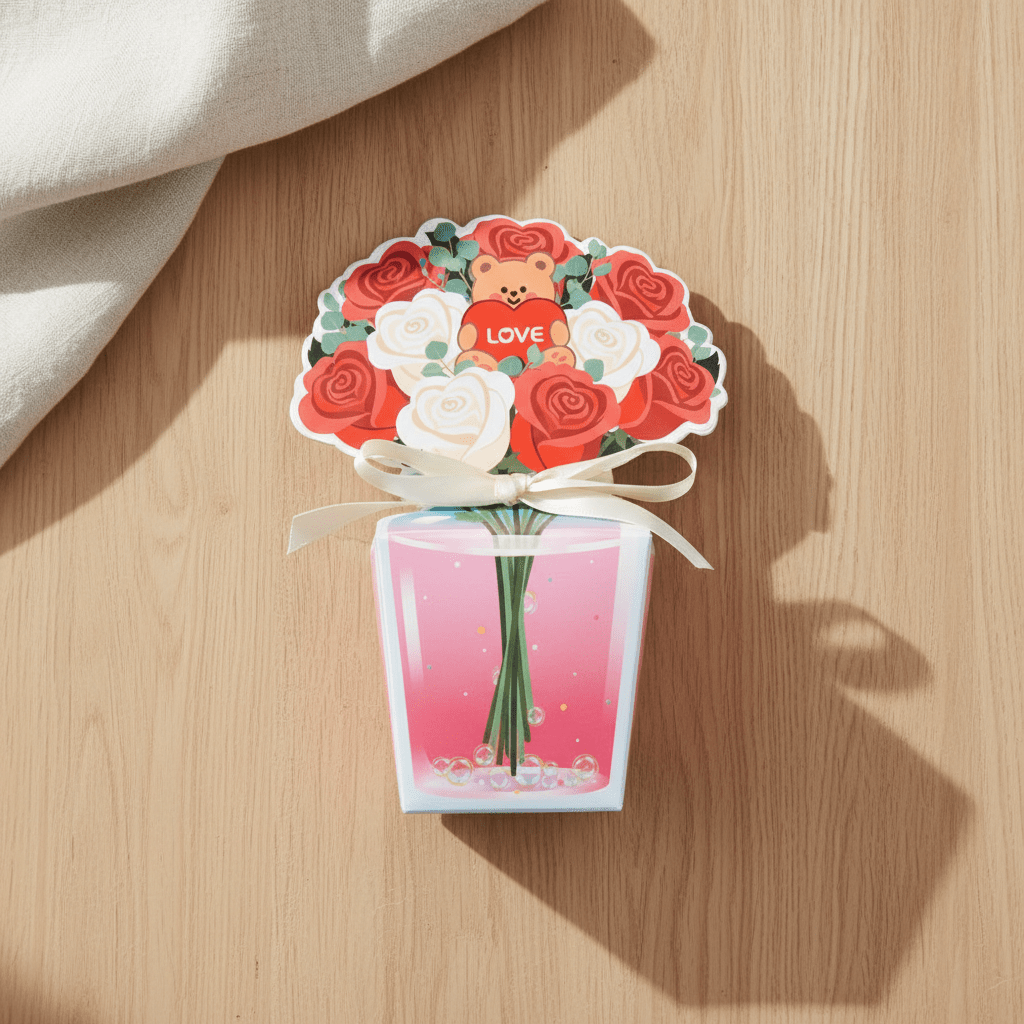 Cutie cadou buchet trandafiri cu ursuleț (set 10 buc) - CraftUp