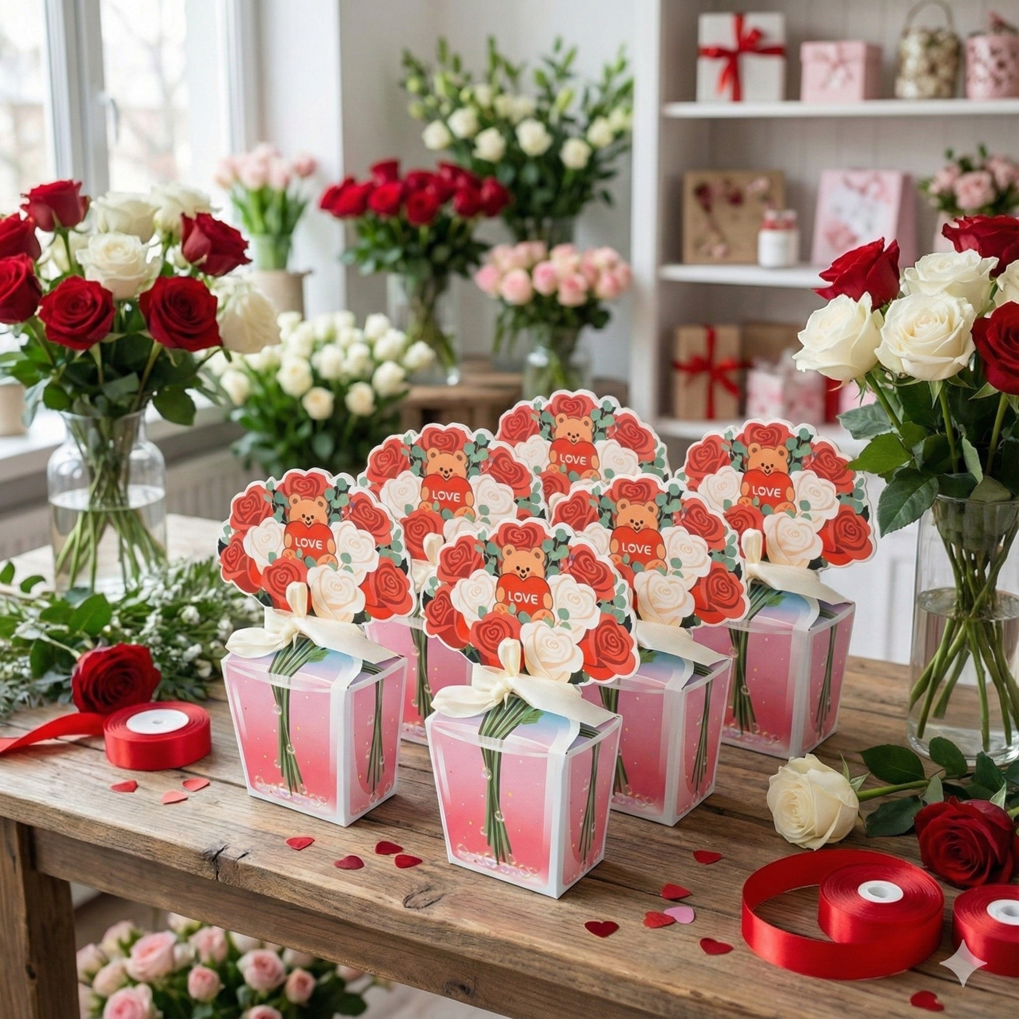 Cutie cadou buchet trandafiri cu ursuleț (set 10 buc) - CraftUp