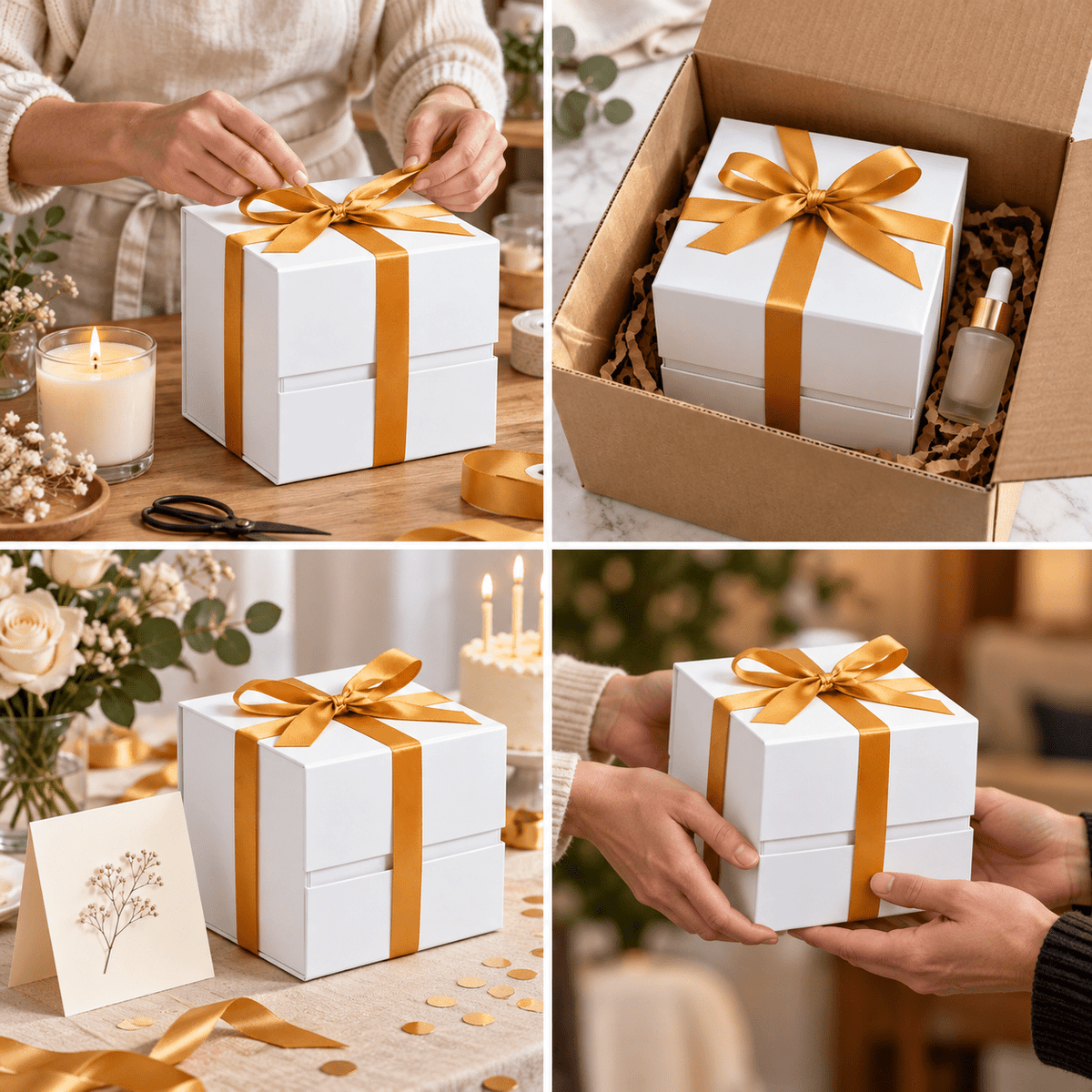 Cutie cadou cub magnetică pliabilă cu fundă - alb - CraftUp
