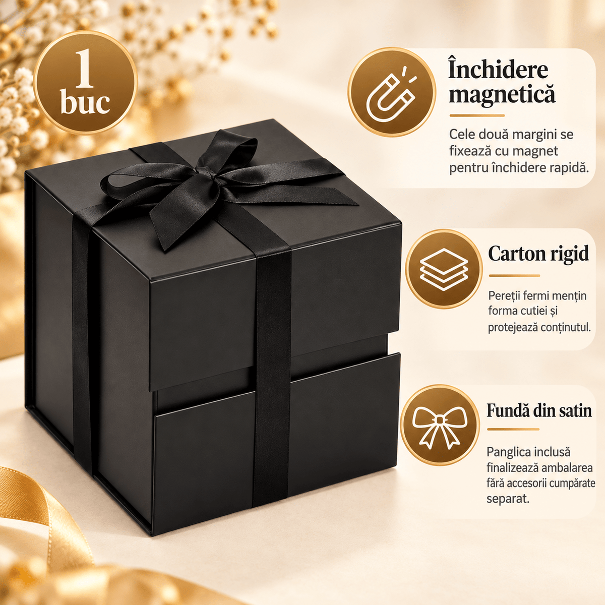 Cutie cadou cub magnetică pliabilă cu fundă - negru - CraftUp