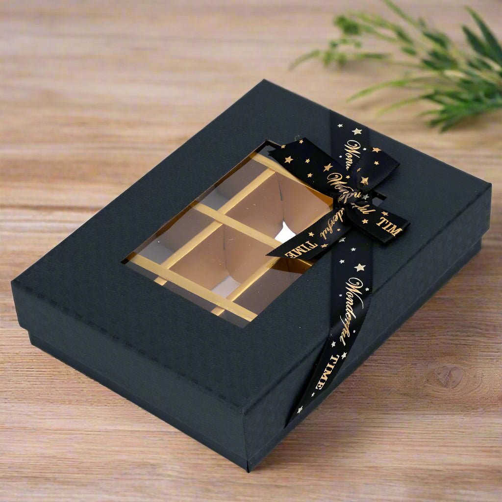Cutie cadou din hârtie cu 12 compartimente, fereastră și panglică - negru (set 2 buc) - 16x12x4cm - CraftUp