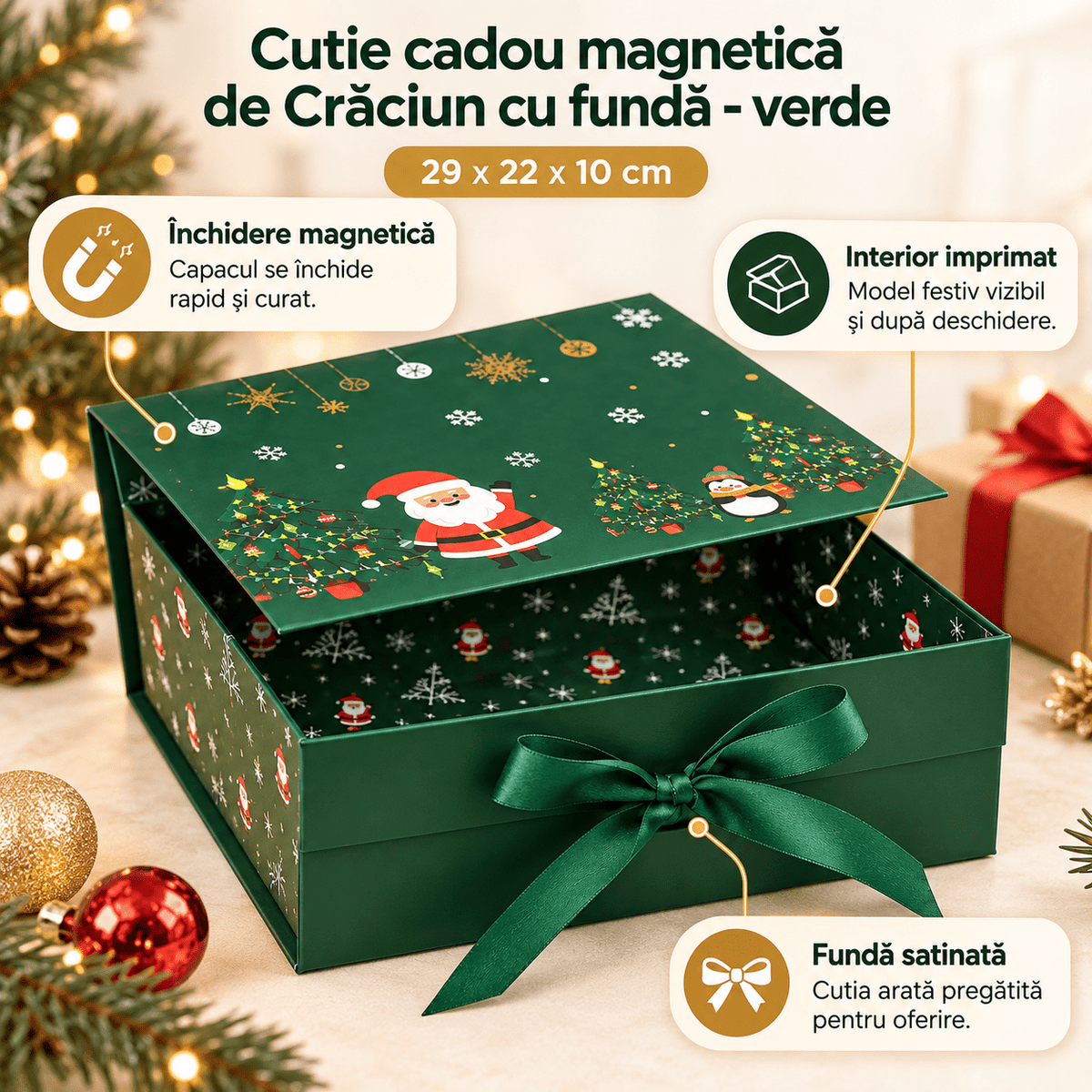Cutie cadou magnetică de Crăciun cu fundă, 29x22x10 cm - verde - CraftUp