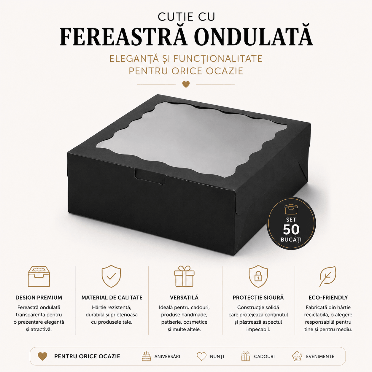 Cutie cu fereastră ondulată transparentă - negru (set 50 buc) - CraftUp