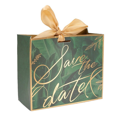 Cutii cu fundă satinată și mesaj Save the date - verde (set 50 buc)