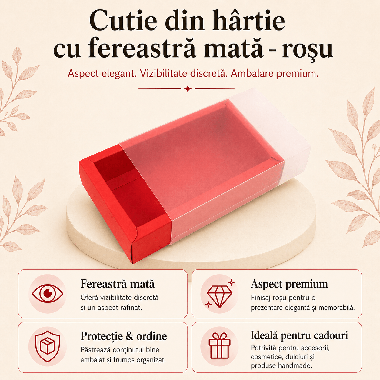 Cutie din hârtie cu fereastră mată - roșu (set 50 buc) - CraftUp