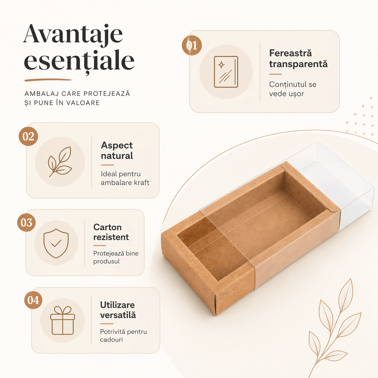 Cutie din hârtie cu fereastră transparentă - kraft (set 50 buc) - CraftUp