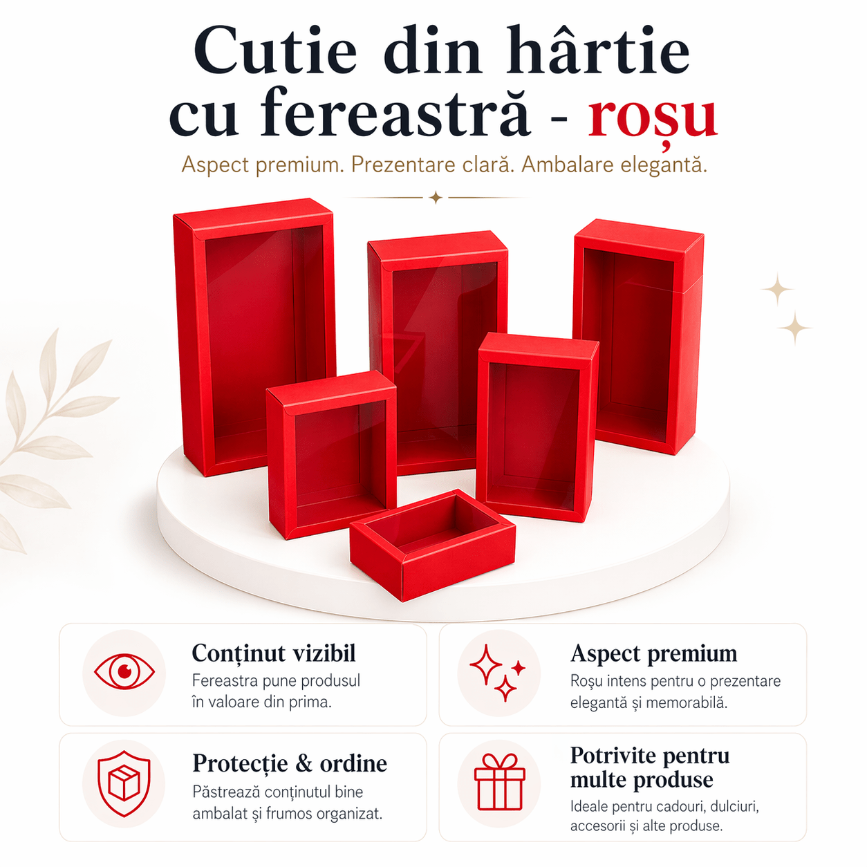 Cutie din hârtie cu fereastră transparentă - roșu (set 50 buc) - CraftUp