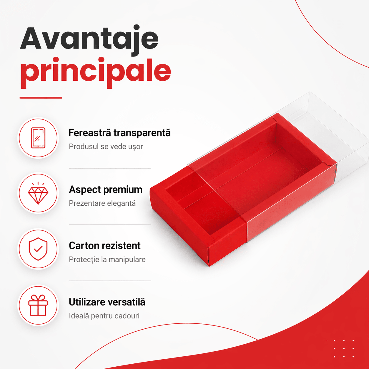 Cutie din hârtie cu fereastră transparentă - roșu (set 50 buc) - CraftUp