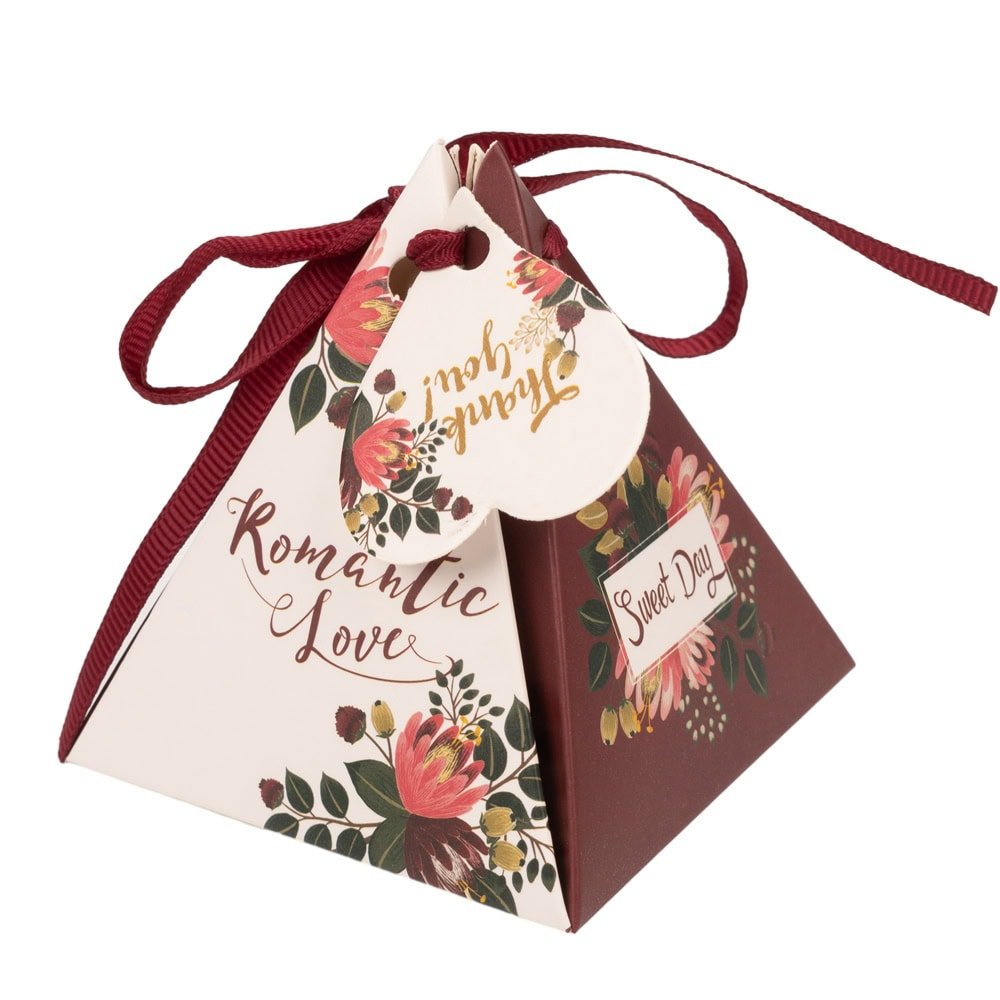 Cutie formă piramidală cu șnur și etichetă cu mesaj Thank you - vișiniu (set 50 buc) - CraftUp