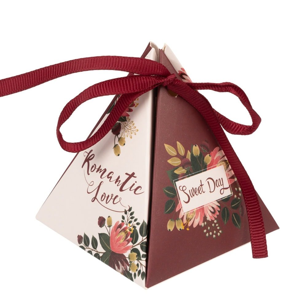 Cutie formă piramidală cu șnur și etichetă cu mesaj Thank you - vișiniu (set 50 buc) - CraftUp