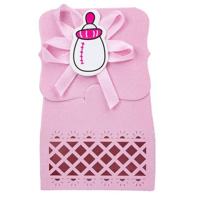 Cutii hârtie model Baby Shower cu panglică - roz (set 12 buc) - 6.4x3.5x10.2cm