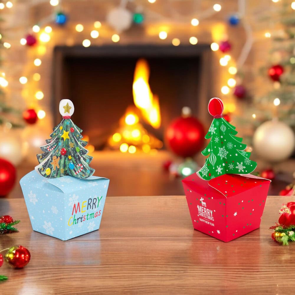 Cutie mică cu brad 3D și mesaj Crăciun fericit - roșu (set 50 buc) - CraftUp