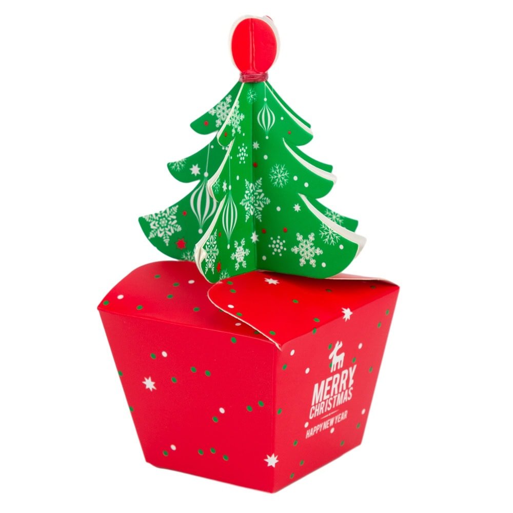 Cutie mică cu brad 3D și mesaj Crăciun fericit - roșu (set 50 buc) - CraftUp