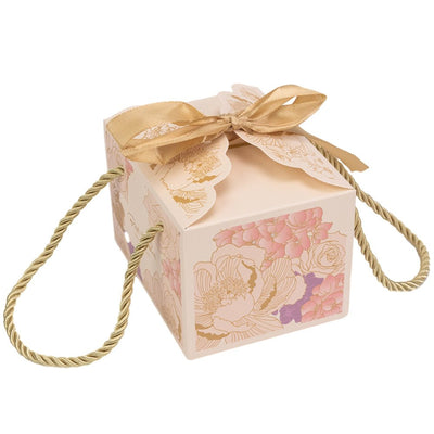 Cutii mici cu panglică și mâner din sfoară model floral - alb (set 50 buc)
