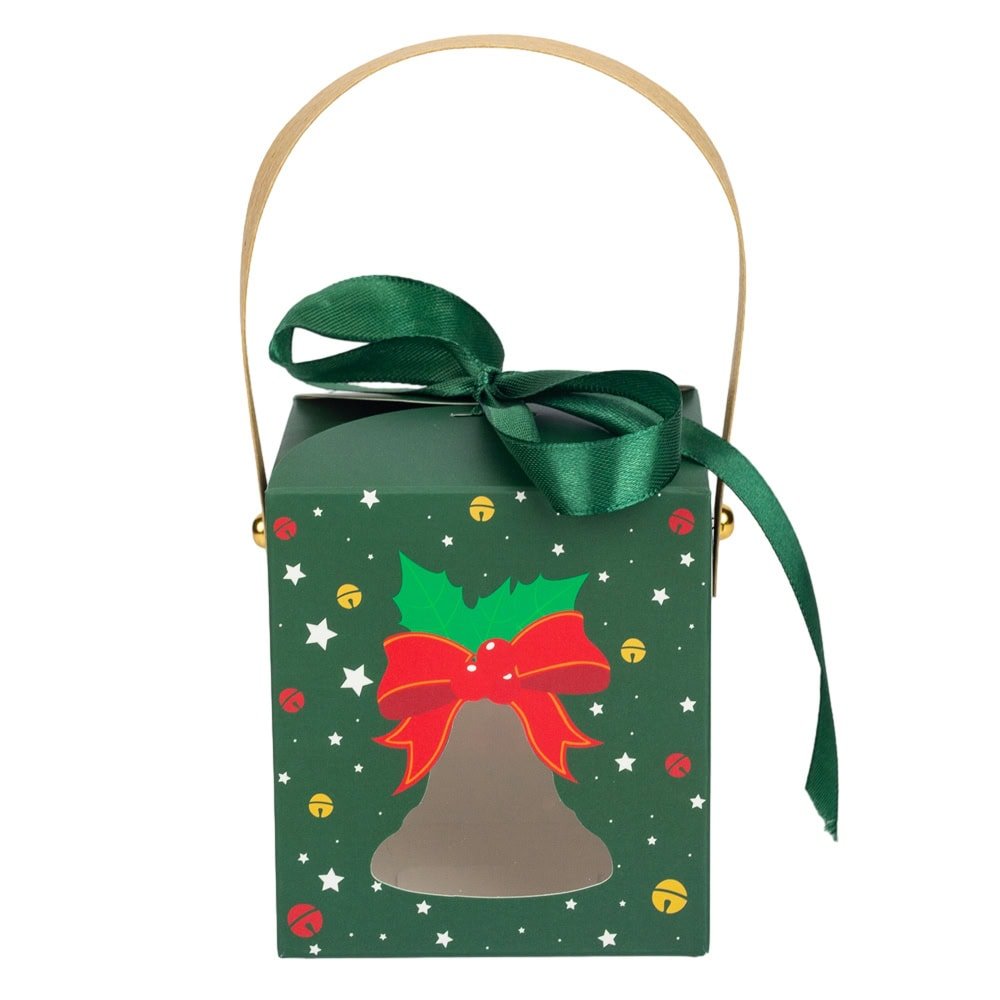 Cutie mică pătrată Crăciun cu fereastră, mâner kraft și fundă - verde (set 50 buc) - CraftUp