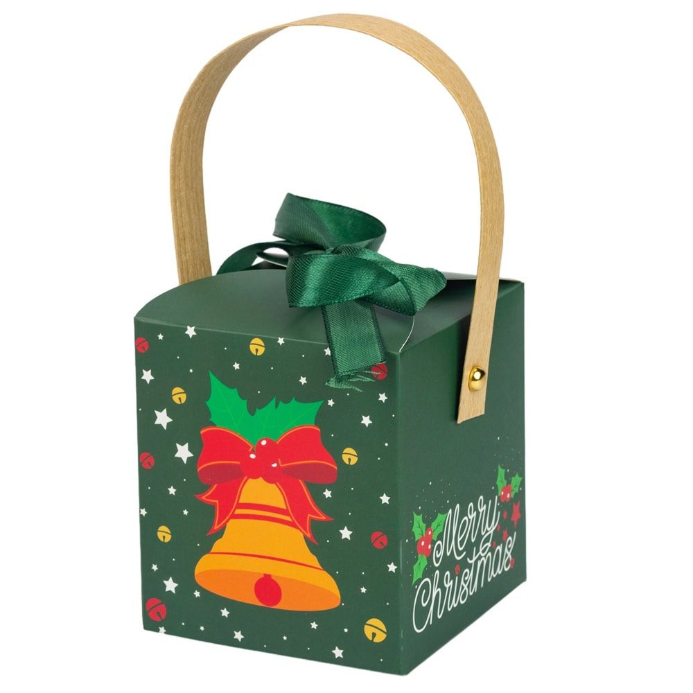 Cutie mică pătrată Crăciun cu fereastră, mâner kraft și fundă - verde (set 50 buc) - CraftUp
