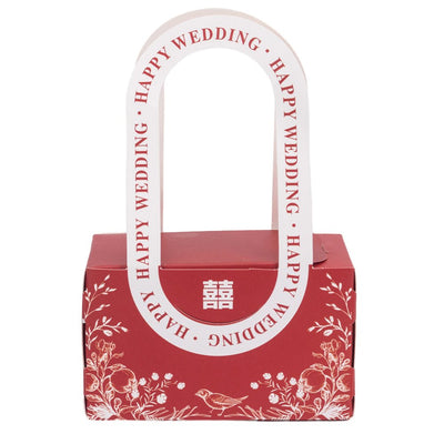 Cutii model floral cu mâner și mesaj Happy wedding - roșu (set 25 buc) - 10x6x5cm