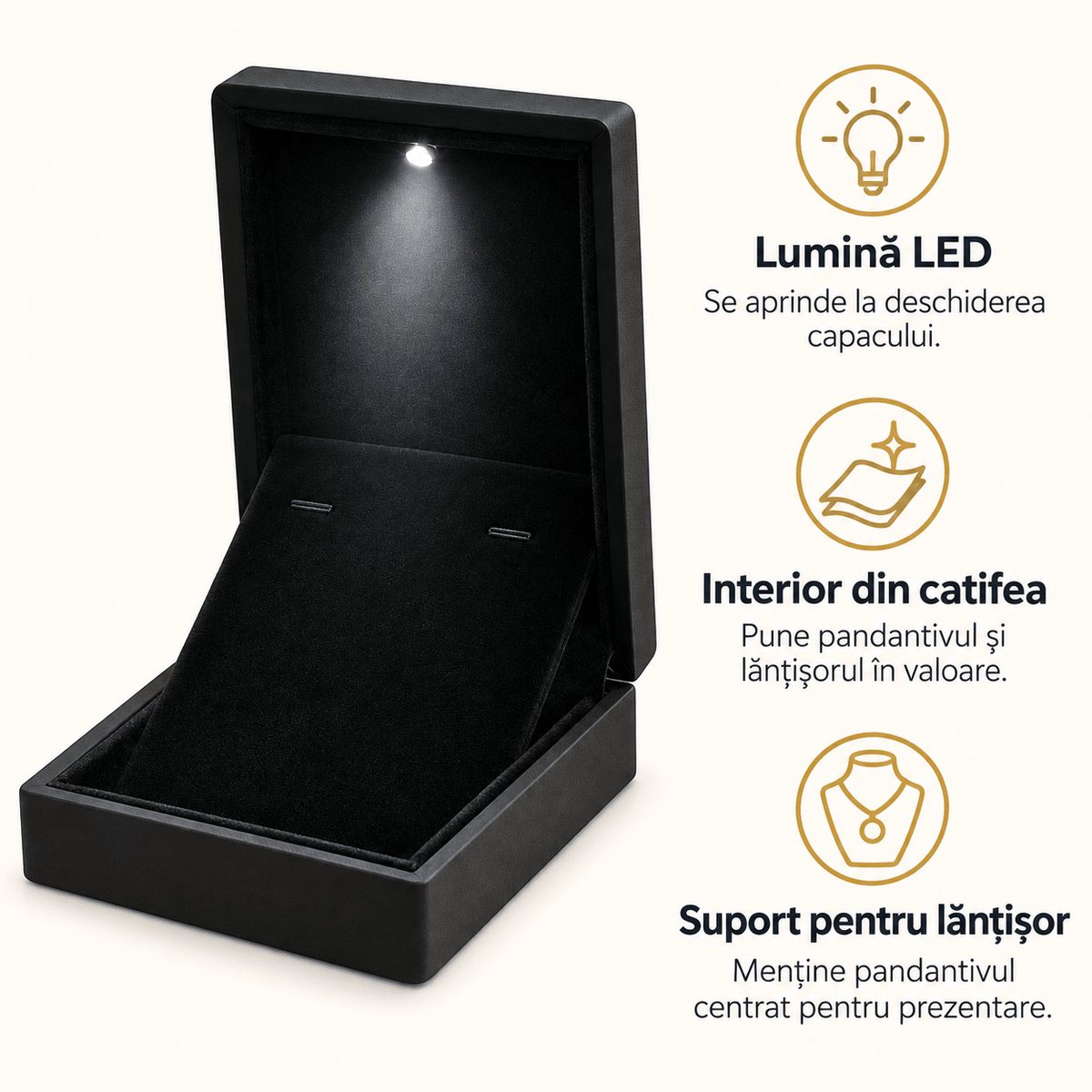 Cutie pentru pandantiv și lănțișor cu lumină LED și catifea - negru - CraftUp