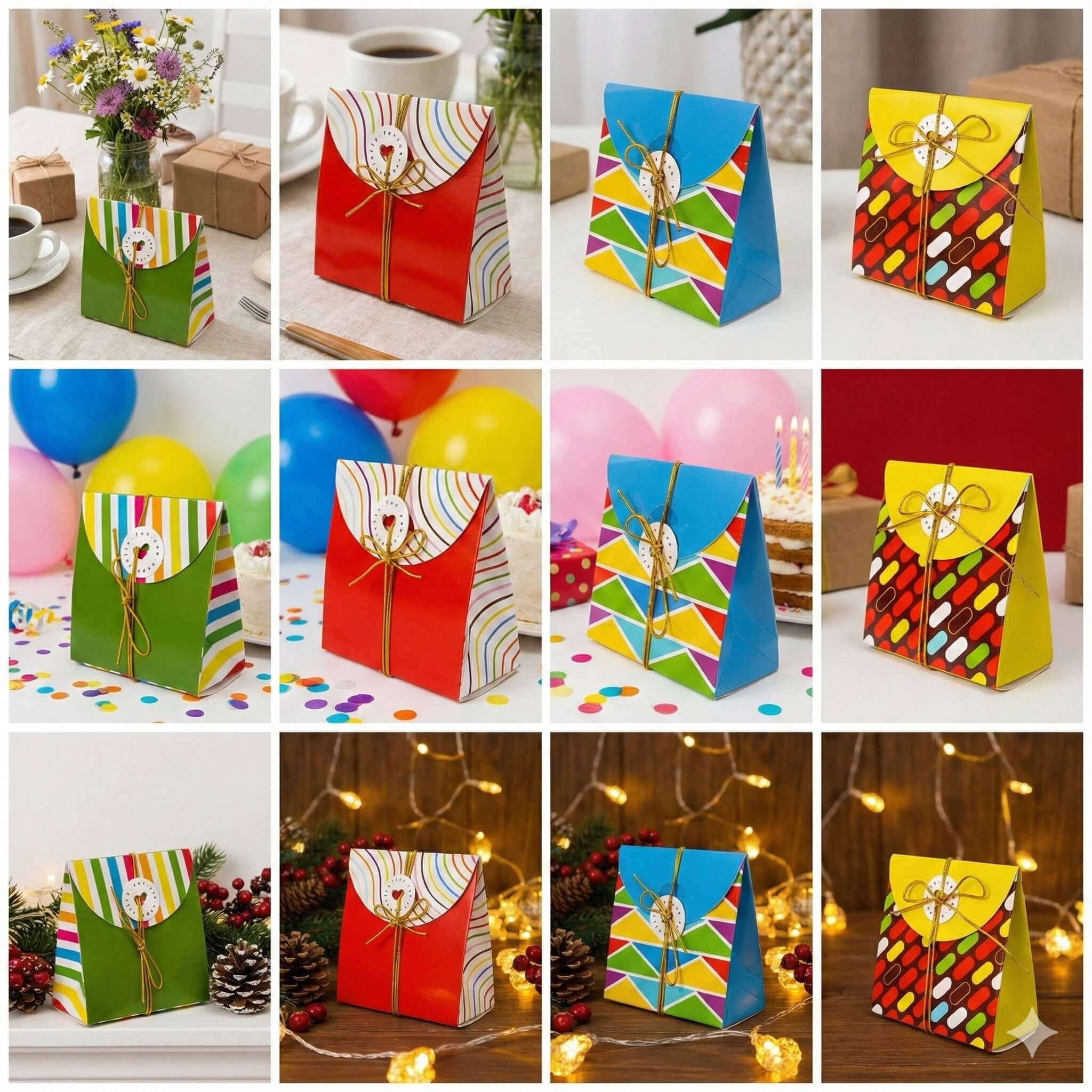 Cutii cadou cu fir auriu și etichetă - Mix 4 modele (set 12 buc) - CraftUp
