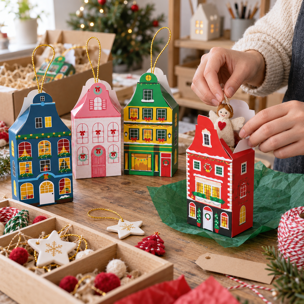 Cutii Crăciun formă căsuță cu fir auriu - multicolor (set 12 buc) - CraftUp