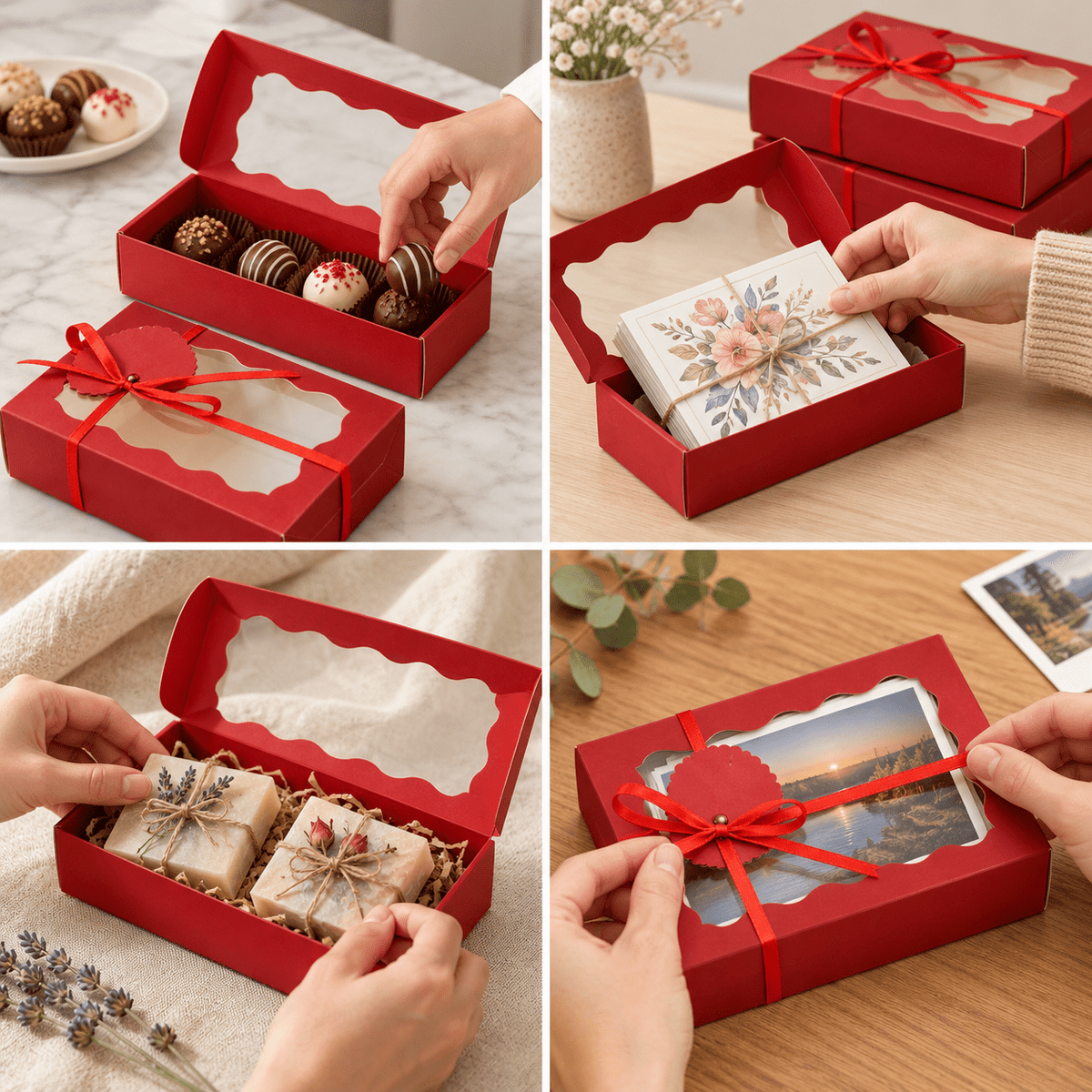 Cutii cu fereastră, fundă și etichetă - roșu (set 10 buc) - CraftUp