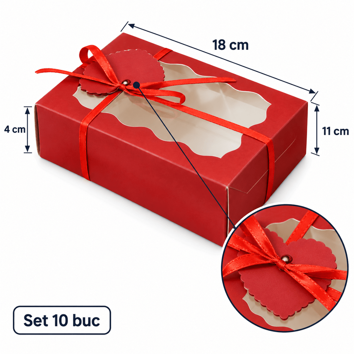 Cutii cu fereastră, fundă și etichetă - roșu (set 10 buc) - CraftUp