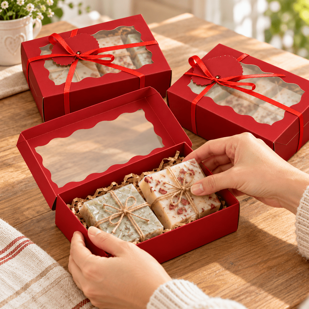 Cutii cu fereastră, fundă și etichetă - roșu (set 10 buc) - CraftUp
