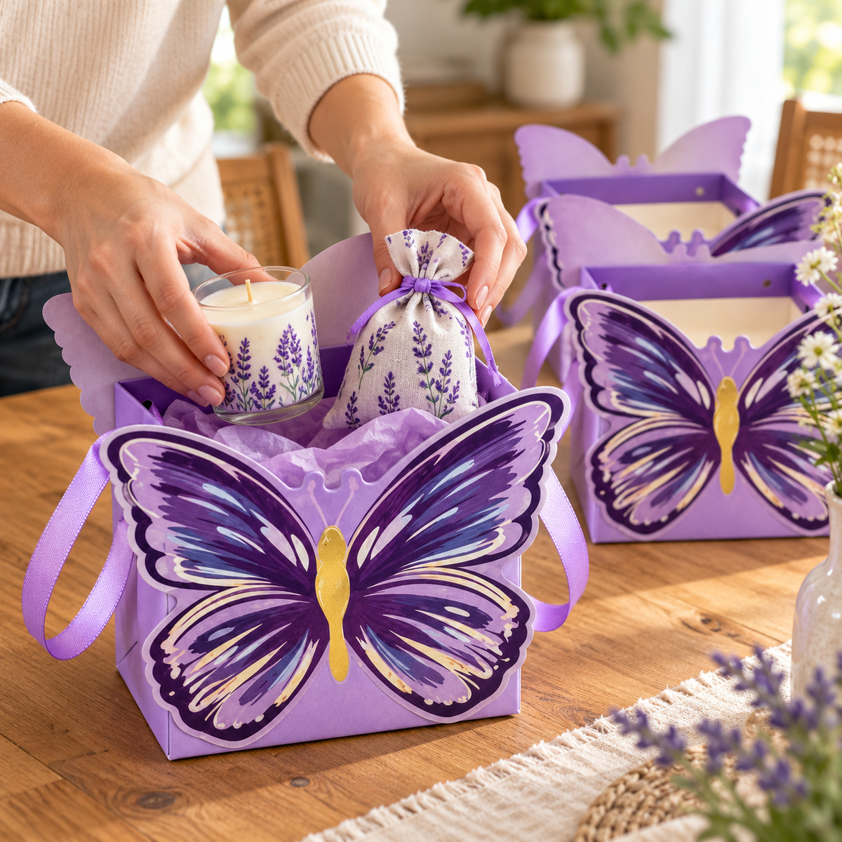 Cutii cu fluture decupat și mâner din panglică - mov (set 10 buc) - CraftUp