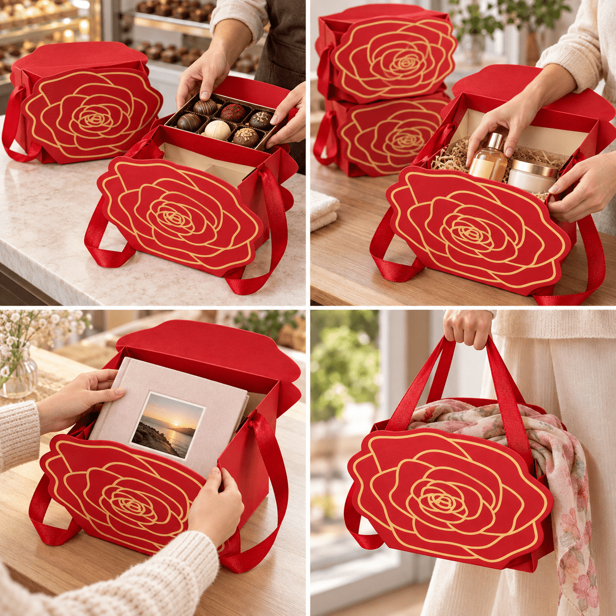 Cutii cu trandafir decupat și mâner din panglică - roșu (set 10 buc) - CraftUp