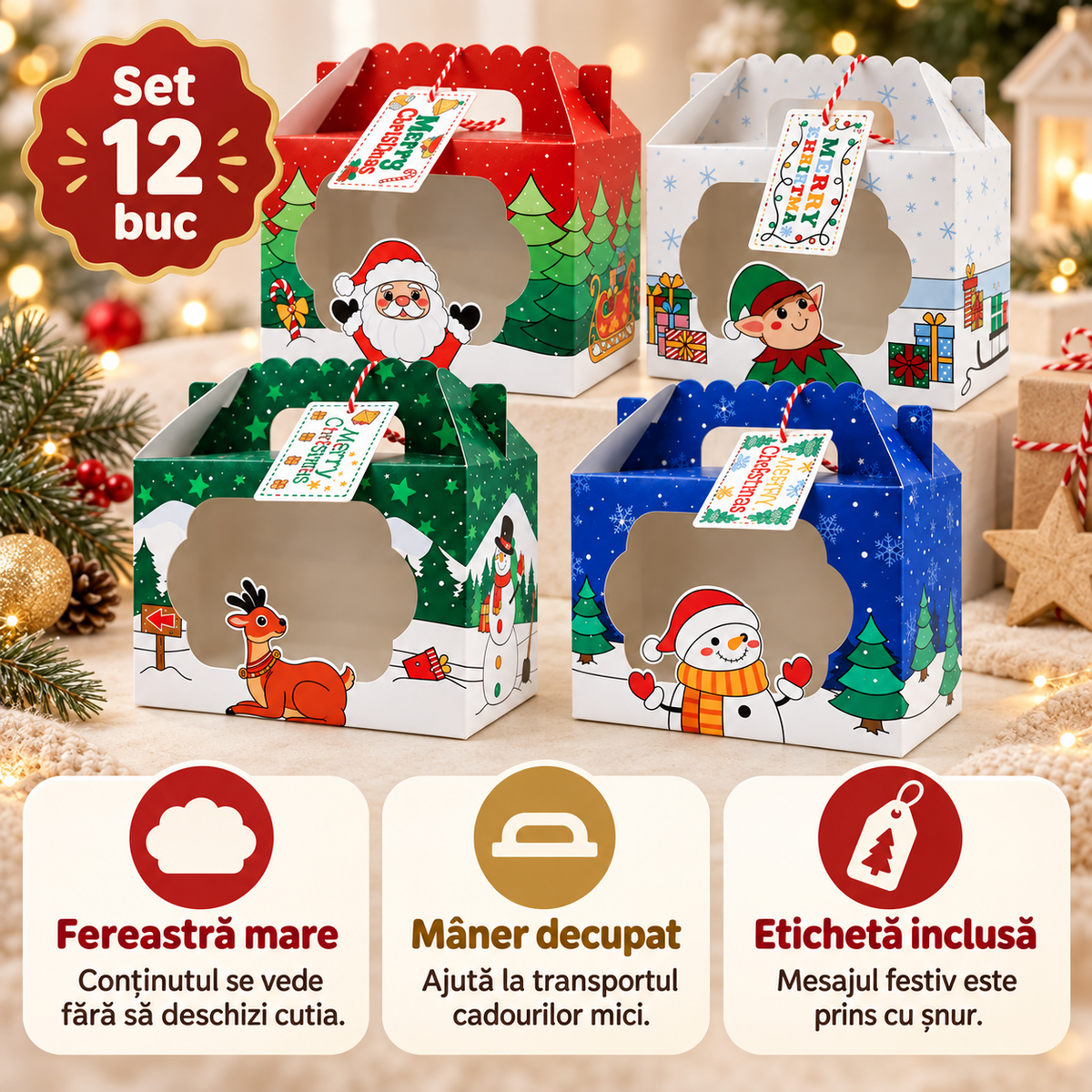 Cutii de Crăciun cu fereastră, mâner și etichetă - mix 4 modele (set 12 buc) - CraftUp