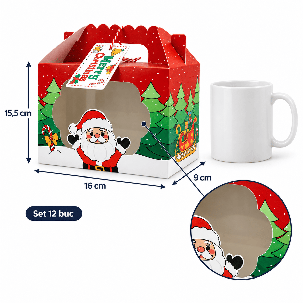 Cutii de Crăciun cu fereastră, mâner și etichetă - mix 4 modele (set 12 buc) - CraftUp