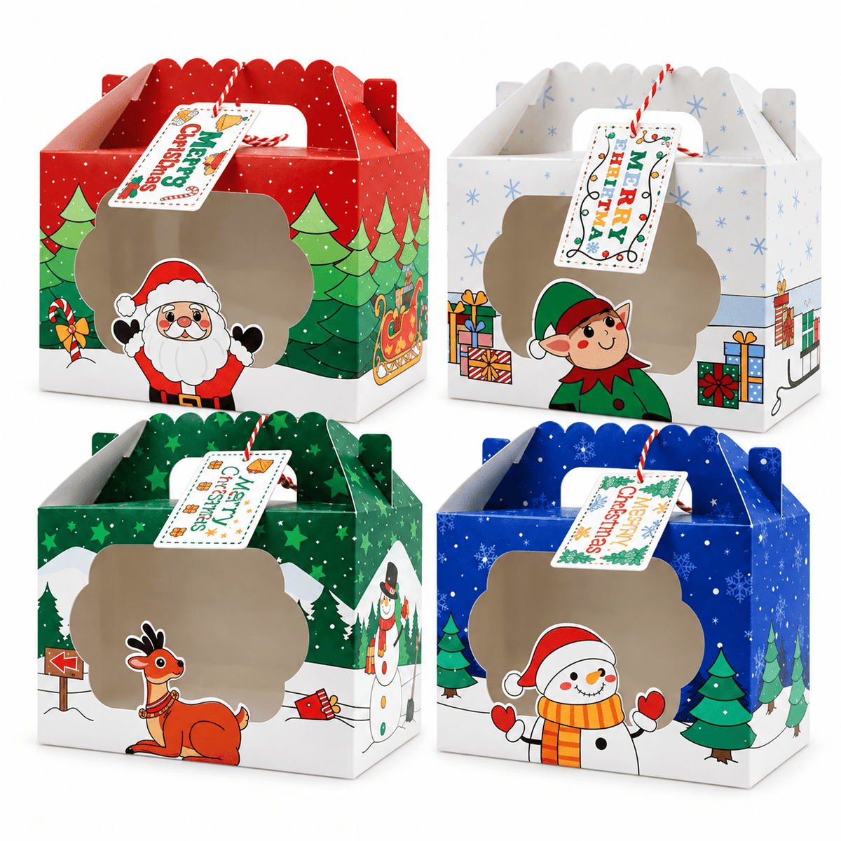 Cutii de Crăciun cu fereastră, mâner și etichetă - mix 4 modele (set 12 buc) - CraftUp