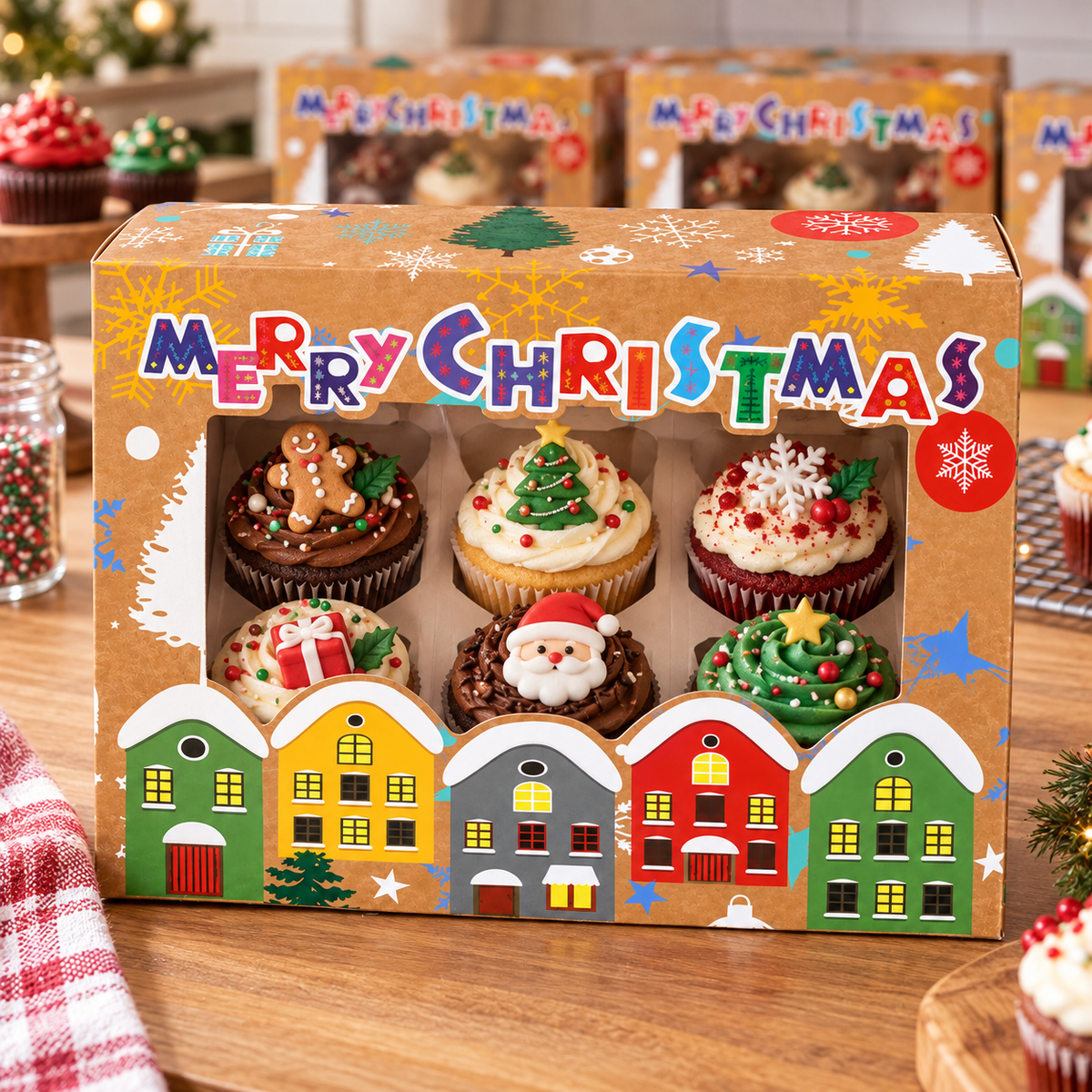 Cutii de Crăciun cu fereastră și 6 compartimente, model căsuțe - multicolor (set 25 buc) - CraftUp