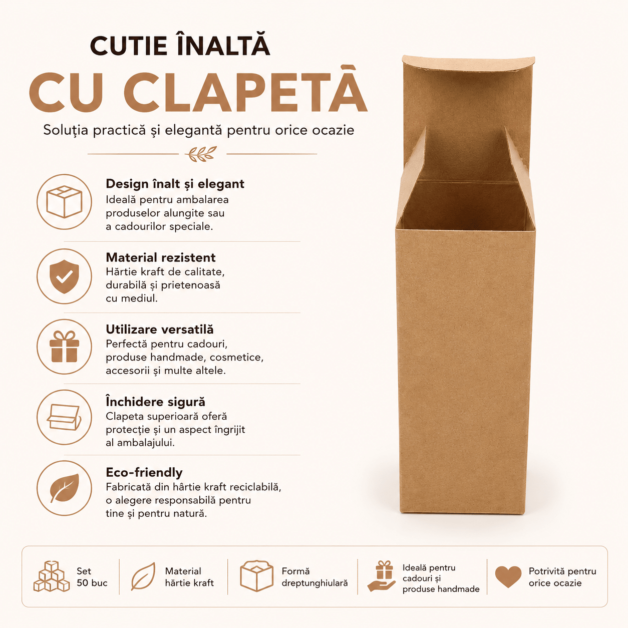 Cutii înalte cu clapetă - kraft (set 50 buc) - CraftUp